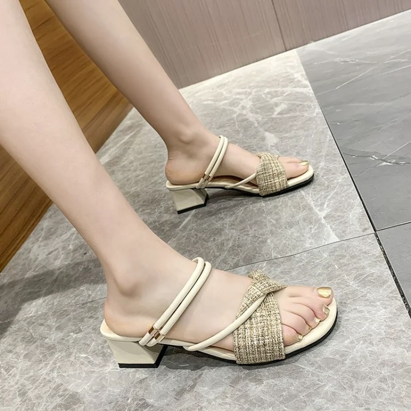 

2023 New Elegant High Heels Sandals Women Summer Shoes Women Fashion Threading Methods Casual Sandals Square Heel Female Shoes