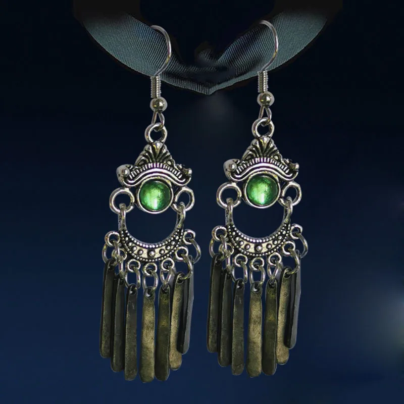 

Ethnic antique metal tassel drop earrings Cross-border new emerald handmade earrings