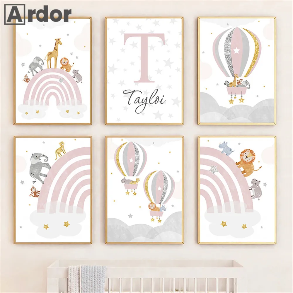 

Hot Air Balloon Posters Rainbow Canvas Painting Custom Name Wall Poster Elephant Picture Nursery Art Prints Baby Girl Room Decor