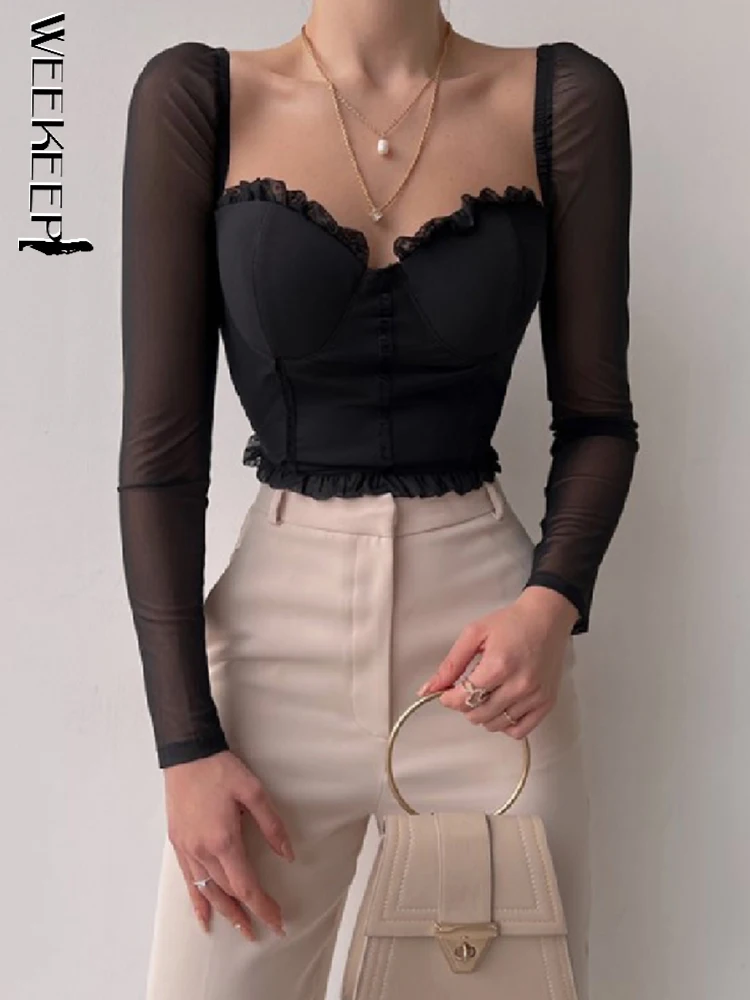 

Weekeep 2022 Summer Frill Crop Top Fashion Back Zipper Mesh Sleeve Patchwork Corset Shirts Women Sexy Square Collar TShirt Black