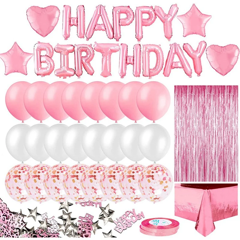 

Pink Birthday Party Decoration For Girls Happy Birthday Banner Baloons Fringe Curtain Foil Tablecloth Heart Star Foil