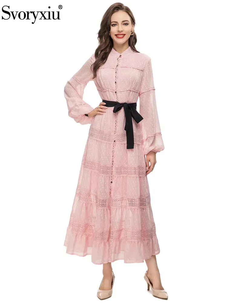 Svoryxiu New Fashion Designer Spring Summer Pink Color Elegant Mid-Calf Dress Women's Lantern Sleeve Button Bow Frenum Dress