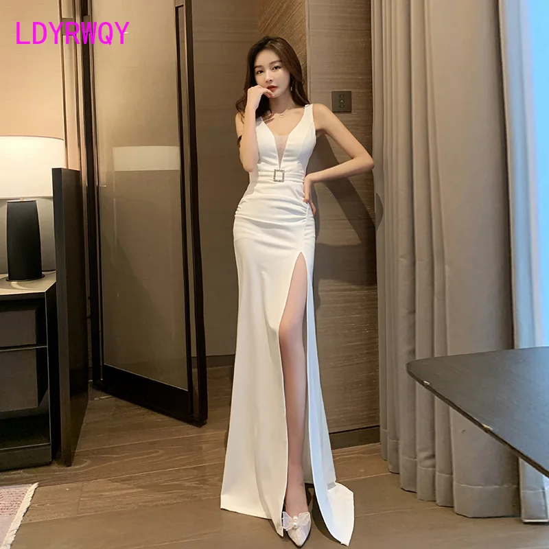 

2022 Early fall new sexy deep V low-cut long dress socialite temperament slim split mopping floor Office Lady