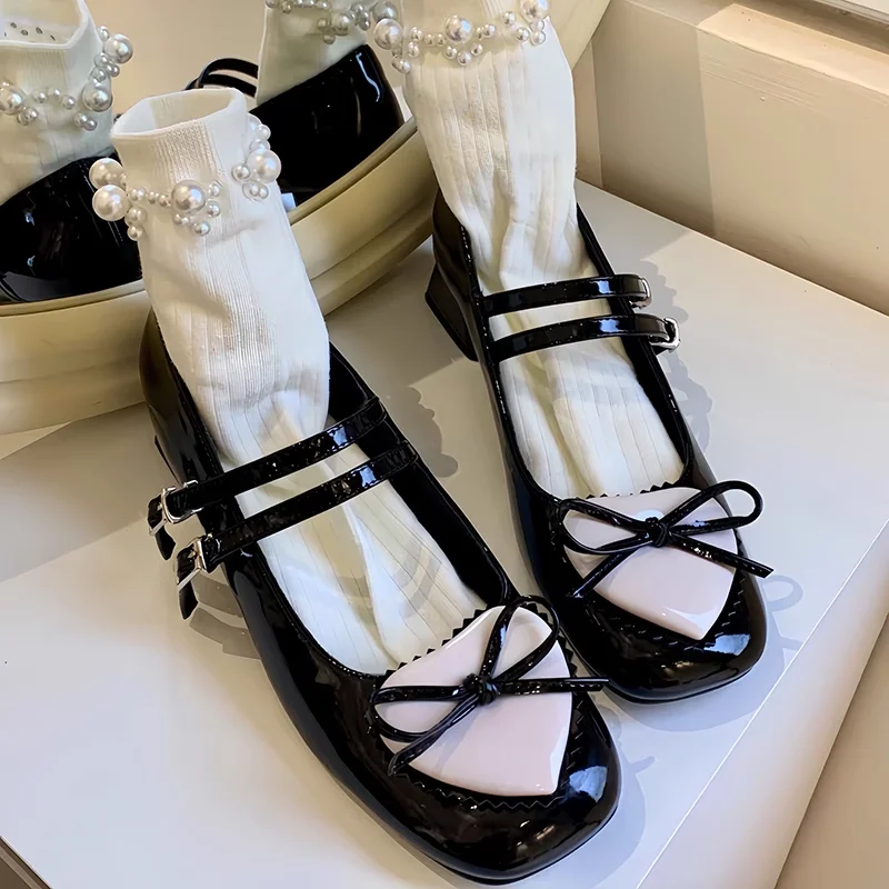 

Bowknot Chunky Heel Mary Jane Shoes Japanese Love Pattern Single Shoe Patent Leather Pumps English Style Jk Uniform Leather Shoe