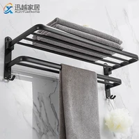 Towel Rack 40-60 Folding Holder With Hook Bathroom Accessories Wall Mount Rail Shower Hanger Aluminum Bar Matte Black Shelf