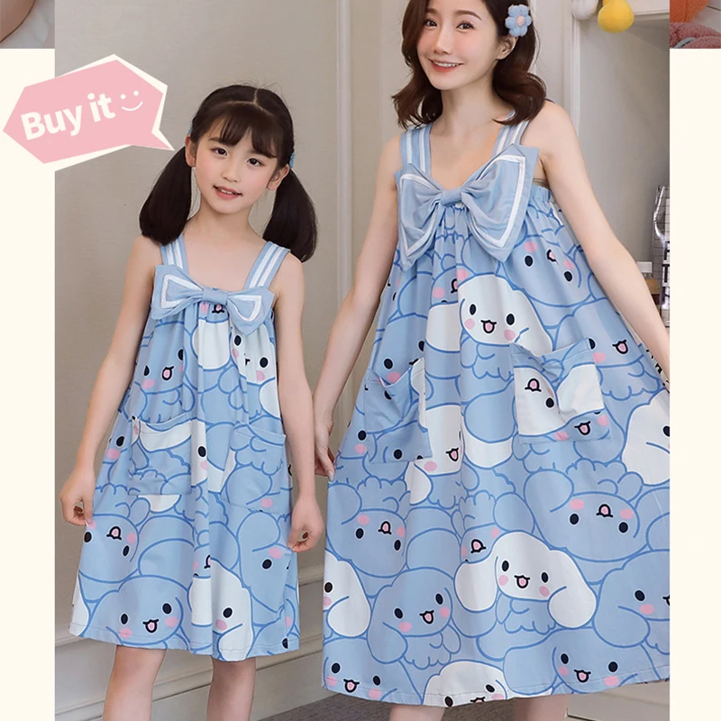 

2023 New Sanrio Cinnamoroll Parent-Child Nightdress Summer Thin Section Cotton Yarn Children's Suspender Skirt Home Service