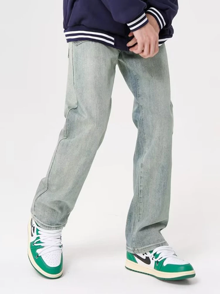 Spring Loose Straight-Leg High-Waisted Youth Trendy Jeans for Men Baggy Jeans with Zipper and Washed Effect Mens Jeans