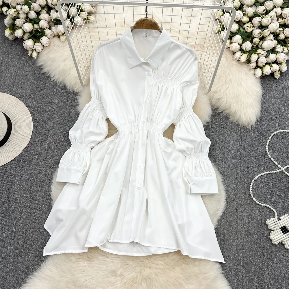 

Белое Мини-Платье-рубашка с длинным рукавом, женское модное мини-платье в Корейском стиле на пуговицах, с рюшами, корсет, вечерние платья для...