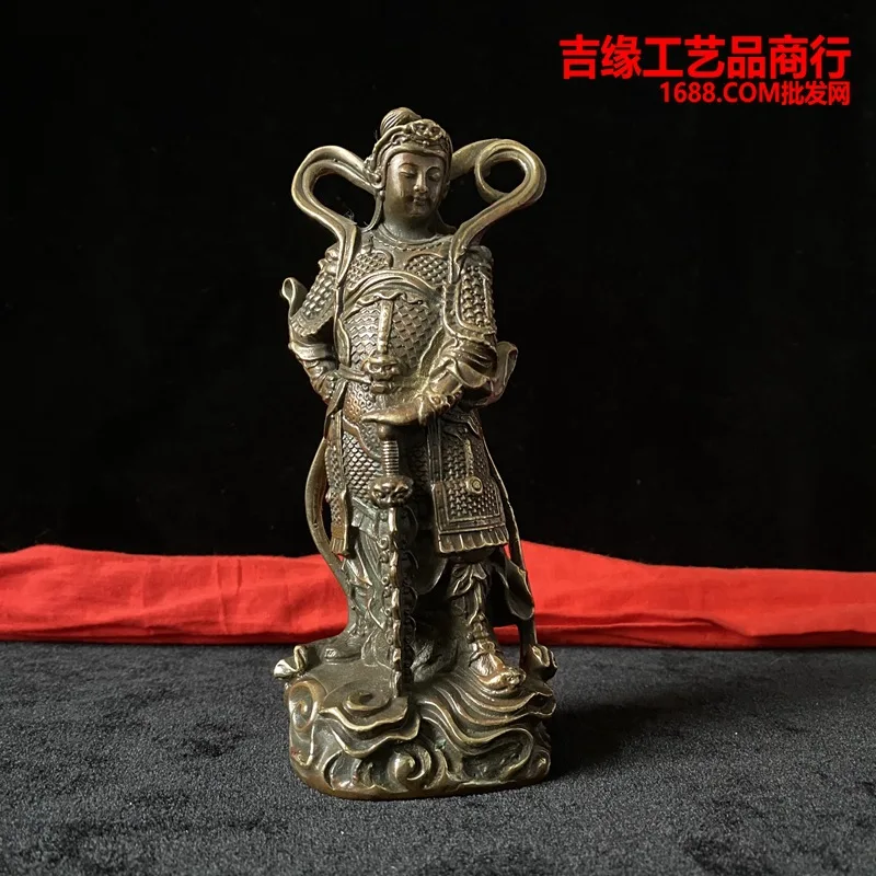 Фото Антикварная бронзовая статуя Guangong Weituo, украшение для дома, ремесла, статуя станции Weituo №1