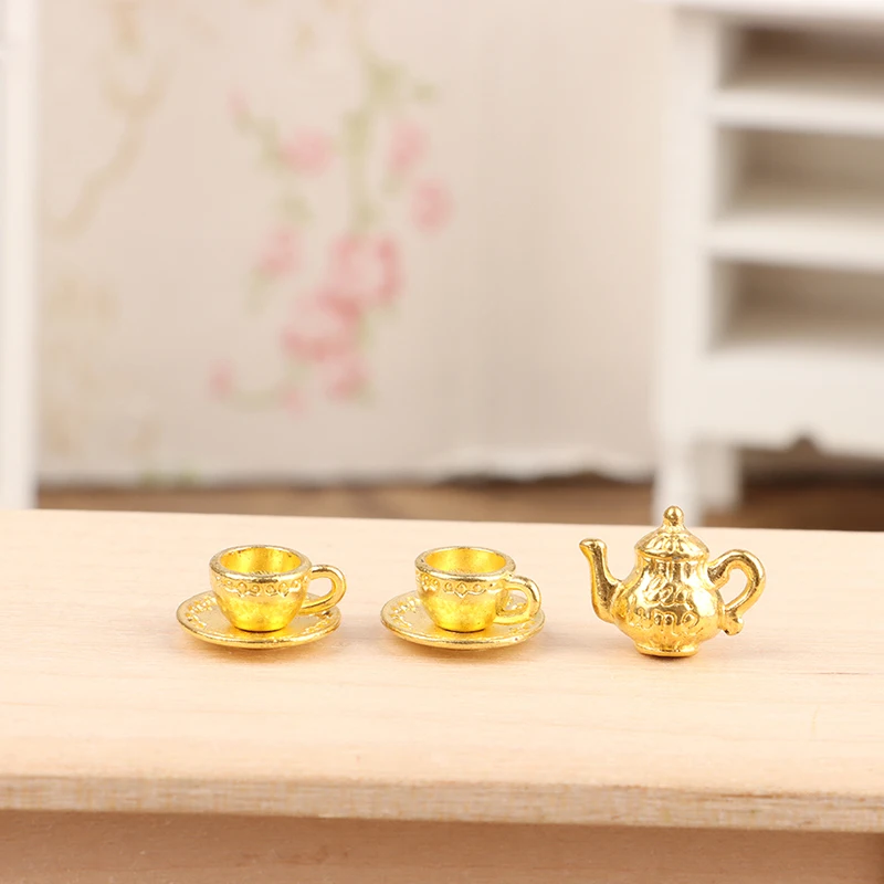 

1 Набор миниатюрный чайный набор для кукольного домика, металлический золотой горшок, чашки и подносы для чашек, «сделай сам» 1/12, украшение для кукольного дома, кухни