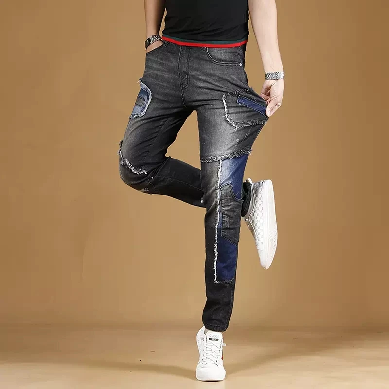Autumn Black Patchwork Jeans Men Streetwear Slim Fit Straight Pants Casual Biker Stretch Denim Trousers