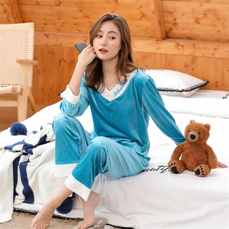 Velvet Pajamas Set Sexy Full Sleepwear For Women Pyjama Women's Polyester Autumn/Winter Fashion Soft V-Neck Homewear Plus Size
