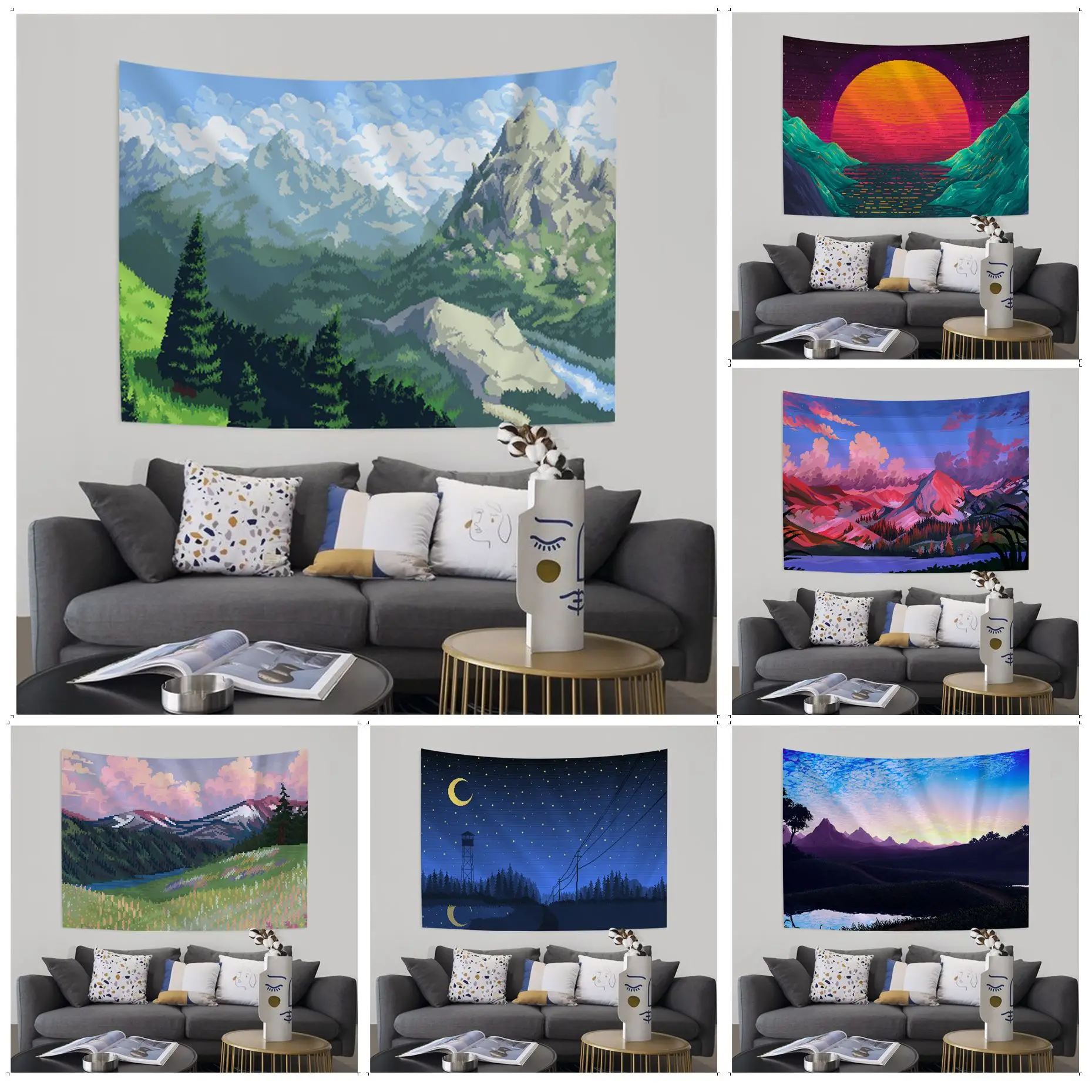 Kawaii Pixel пейзаж аниме гобелен японский настенный дешевый хиппи |