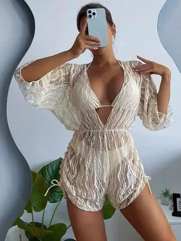 2023 3PCS Lace Hollow Out Bikini For Women Sexy Swimwear Female Pleated Cover Up Swimsuit Beach Wear New Brazilian Bathing Suit