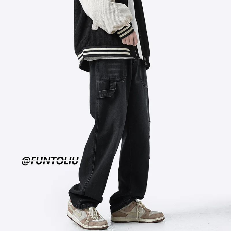 4 Colors Baggy Cargo Jeans Men Fashion Casual Pocket Jeans Men Streetwear Hip Hop Loose Straight Denim Pants Mens Trousers M-2XL