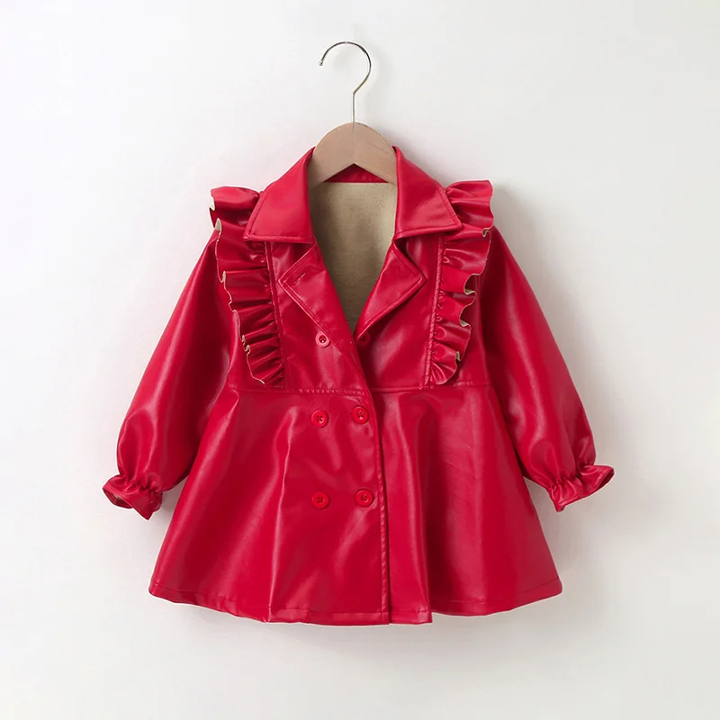 

Spring Autumn Coats and Outerwear Ruffles Decoration Leather Coat for Kids Turn-Down Collar Long Jacket Girl's PU Leather Coat