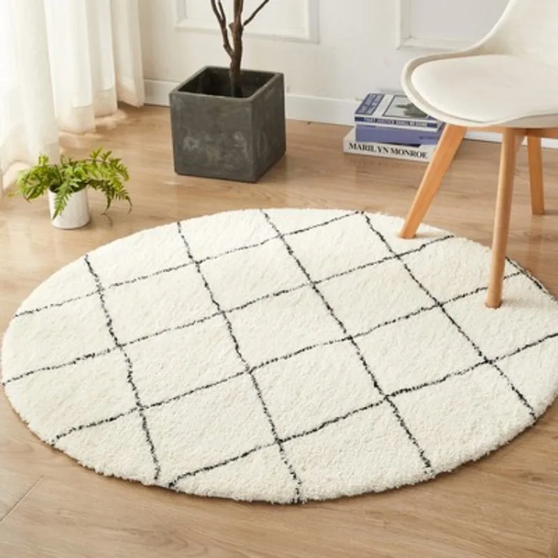 

Morocco Black White Geometric Round Carpets Living Room India Cotton Woven Plush Thick Area Rugs Bedroom Decor Fluffy Play Mat