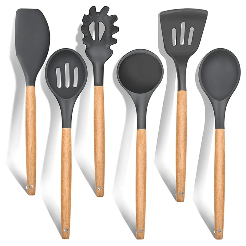 

Kitchen Utensils Set Of 6, Cooking Utensils,Includes Spatula/Ladle/Slotted Turner/Serving Spoon/Spaghetti Server(Gray)
