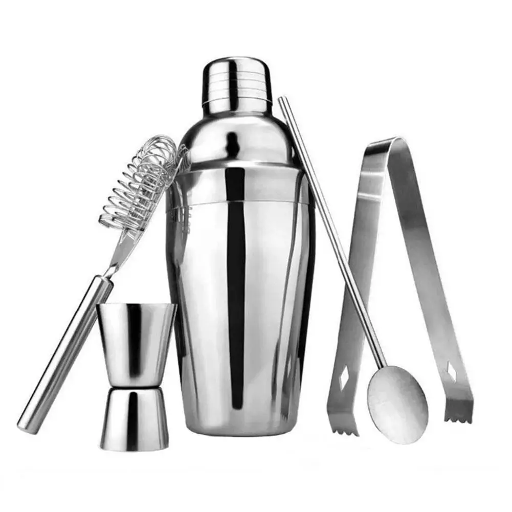 

5 Pcs/set Stainless Steel Cocktail Shaker Set Shaker Mixing Spoon Ice Forceps Filter Measuring Cup Professional Bartending Tool