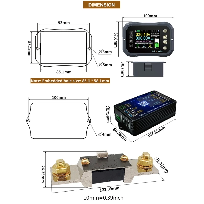 

X37E Portable Battery Monitor Battery Coulometer with Voltage Current Display Power Temperature KW Display 400A 10V-120V