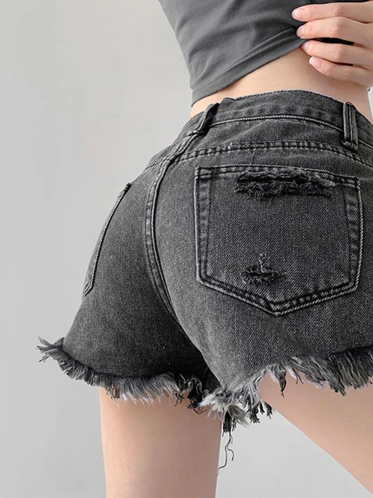 Summer Women High Waist Slim Fit Hole Blue Denim Shorts Streetwear Female Frayed Raw Hem Button Retro Jeans Shorts