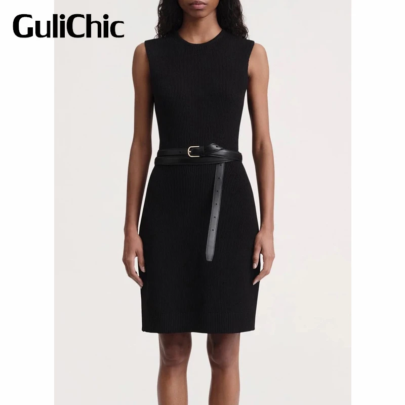 7.3 GuliChic Women Temperament Comfortable Solid Color Slim Sleeveless Knitted Dress Without Belt