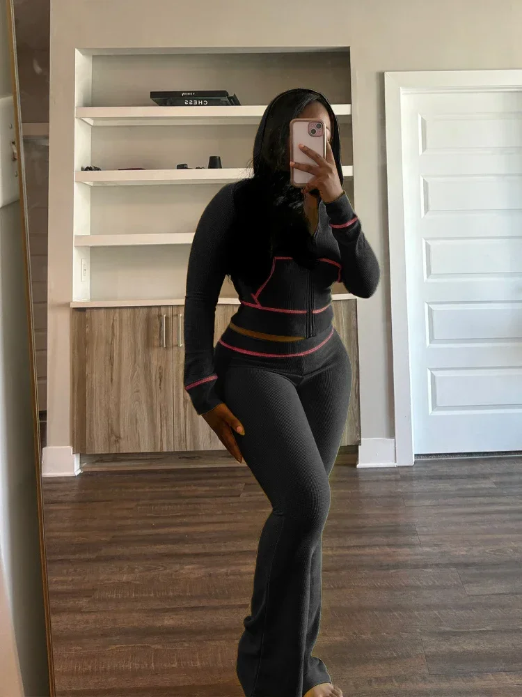 Женский костюм Ueteey с длинным рукавом капюшоном и расклешенными брюками уличный