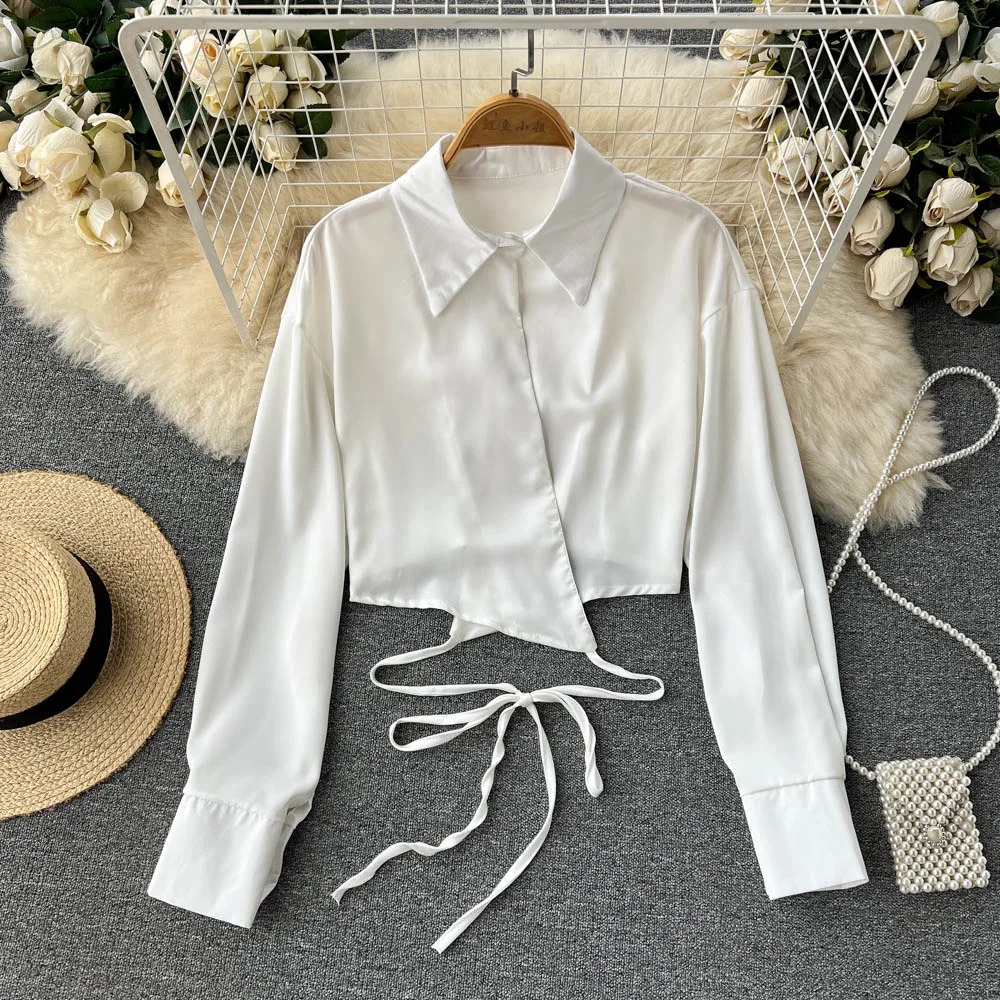

Autumn Blouse for Women White/Black Turn Down Collar Silk Satin Short Tops Female Lace Up Long Sleeve White Shirt Women 2022 New