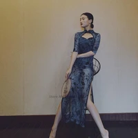 2022 retro chinese wedding cheomgsam dressshorts set flower lace sexy bodycon split qipao gown dance stage performance dress