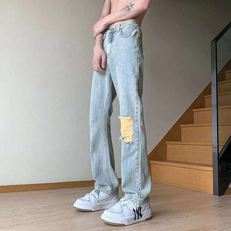 DEEPTOWN Ripped Straight Jeans for Men Loose Hip Hop Hole Denim Pants Male Casual Trousers Streetwear Punk Korean Style Spring