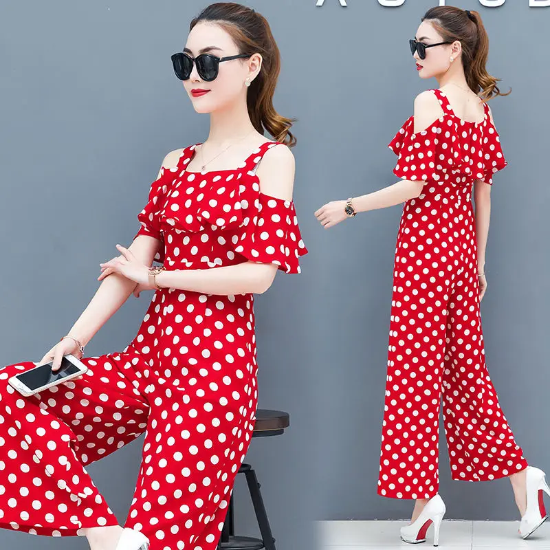 

High Waist Short Sleeve Strapless Jumpsuit Overalls Women Elegant Party Summer Ladies Polka Dot Print Wide Leg Jumpsuits E56