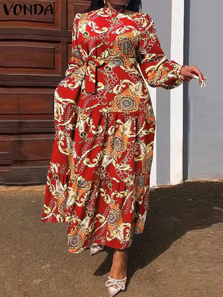 

Женское платье-макси с длинным рукавом, поясом и воротником-стойкой