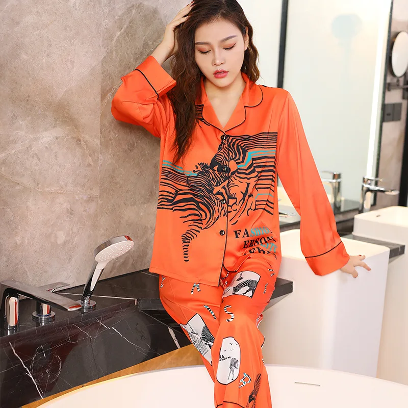 

Пижамный комплект Женский атласный из 2 предметов, рубашка и брюки с принтом, мягкая одежда для сна, Свободная Домашняя одежда