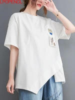 woman asymmetrical white woman korean patch short sleeved t shirt female all match irregular slit fashion summer top tees 2022