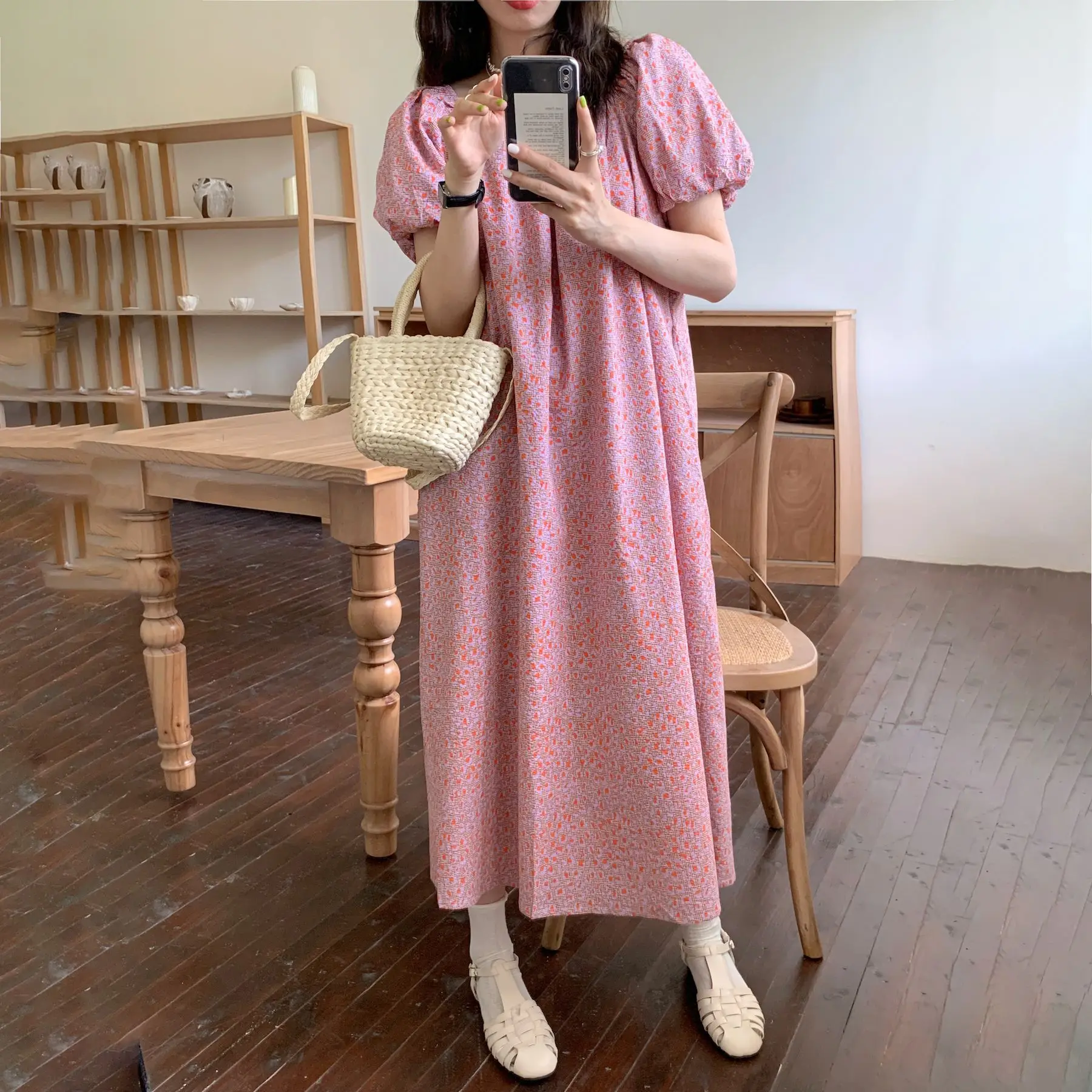 

COIGARSAM Women's Summer French Style Vintage Print Puff Sleeve Pink Orange Long Dress Dropshipping