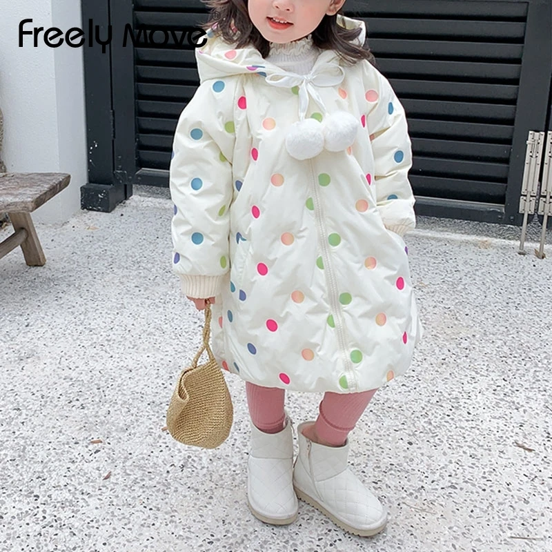 

Freely Move Winter Casual Fashion Warm Girls Colorful Dot Long Down Jacket Snowball Hooded Baby Girl Coat for Girls Toddler