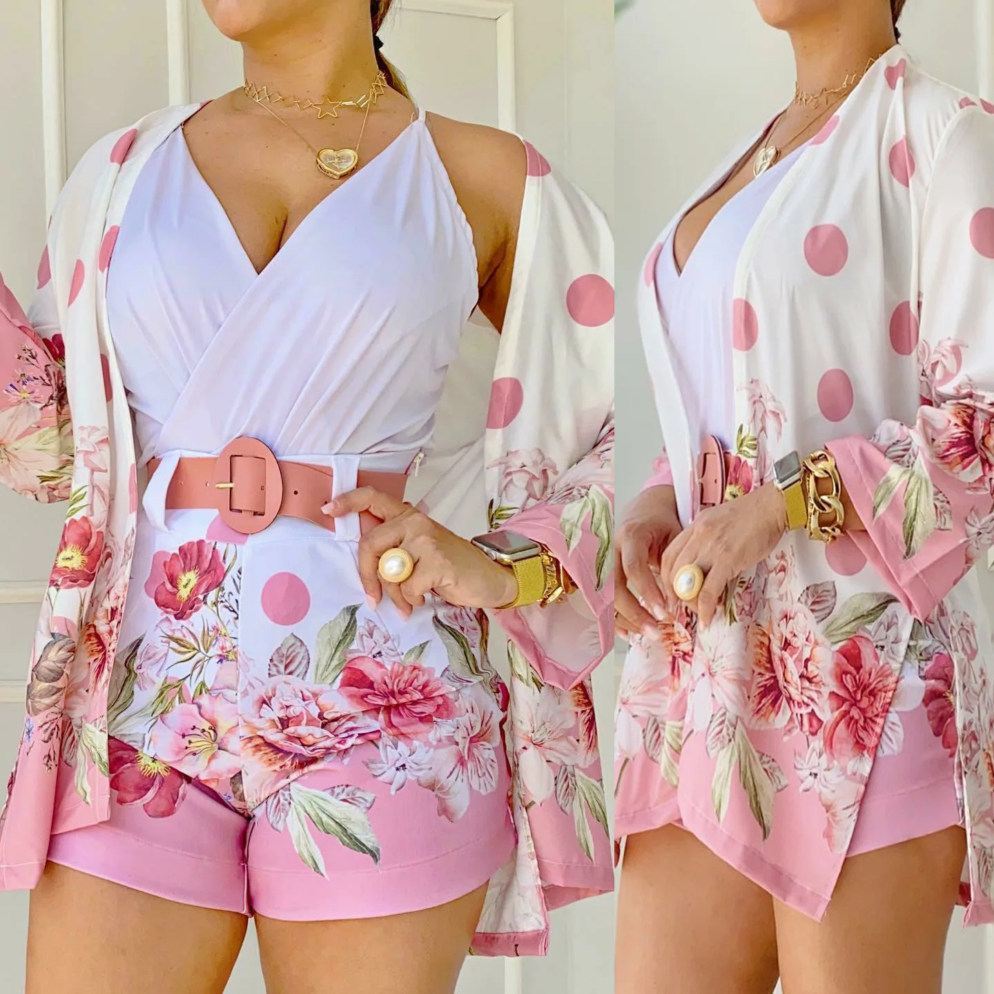 

Spring Women Flower Printing Long Sleeve Pant Pajama Sets 3 Piece Set with Cardigan
