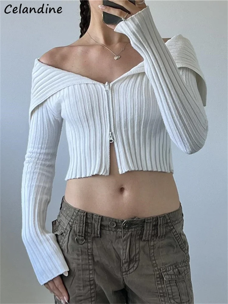 

Celandine Women Sexy V Neck T-shirt Ribbed Knitted Zipper Long Sleeve Crop Tops White 2022 Autumn Winter Fashion Basic Tops Y2K
