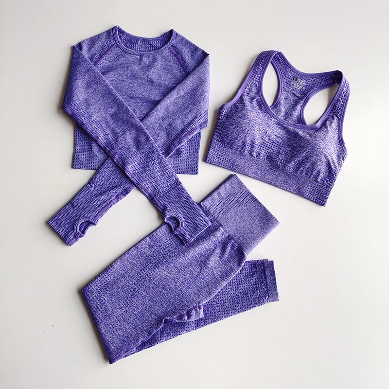 3 PCS Seamless Yoga Set Women Workout Sets Sportswear Long Sleeve Crop Top High Waist Leggings Gym Clothes Sports Suits Female
