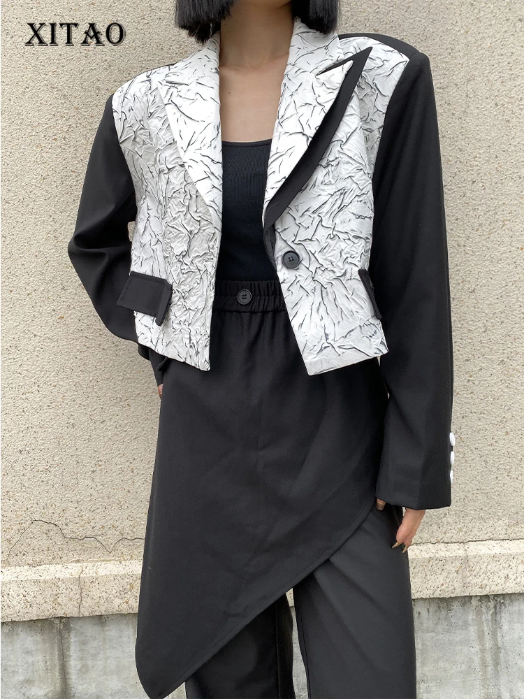

XITAO Woman Patchwork Print Blazers Personality Fashion Loose Notched Full Sleeve Top Korea 2023 Spring New Arrival SMH1609