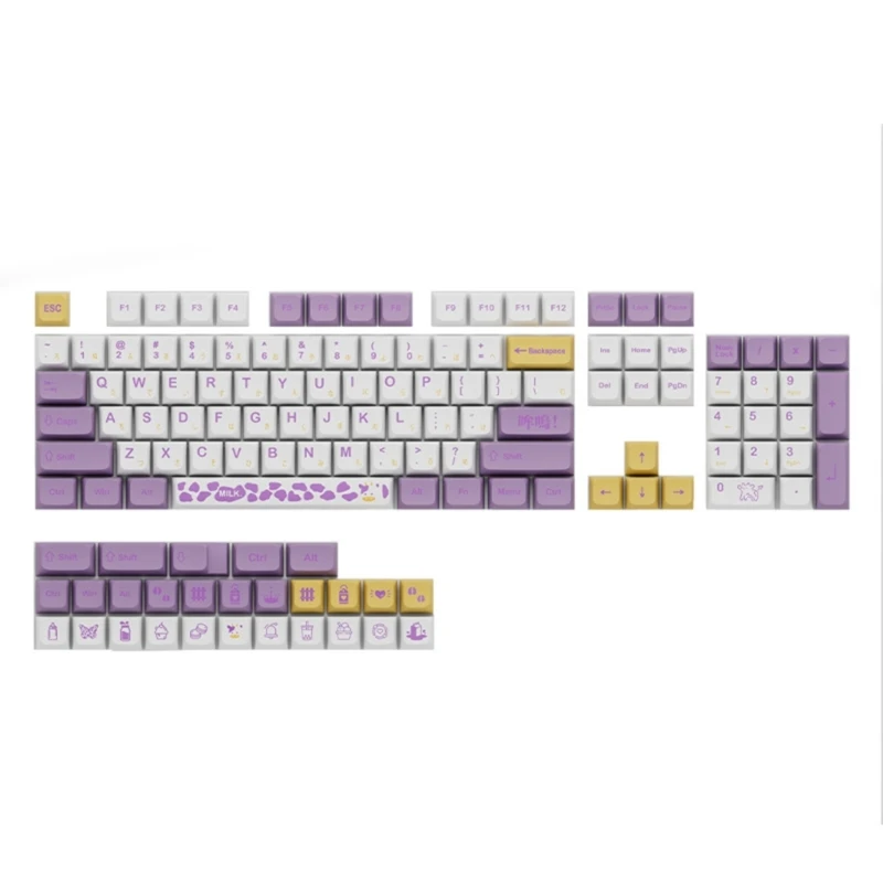 

Колпачки для клавиатуры XDA, 131 клавиш/комплект, милые пурпурные колпачки для клавиш с принтом коровы Таро, сублимационные колпачки для механической клавиатуры MX Cherry