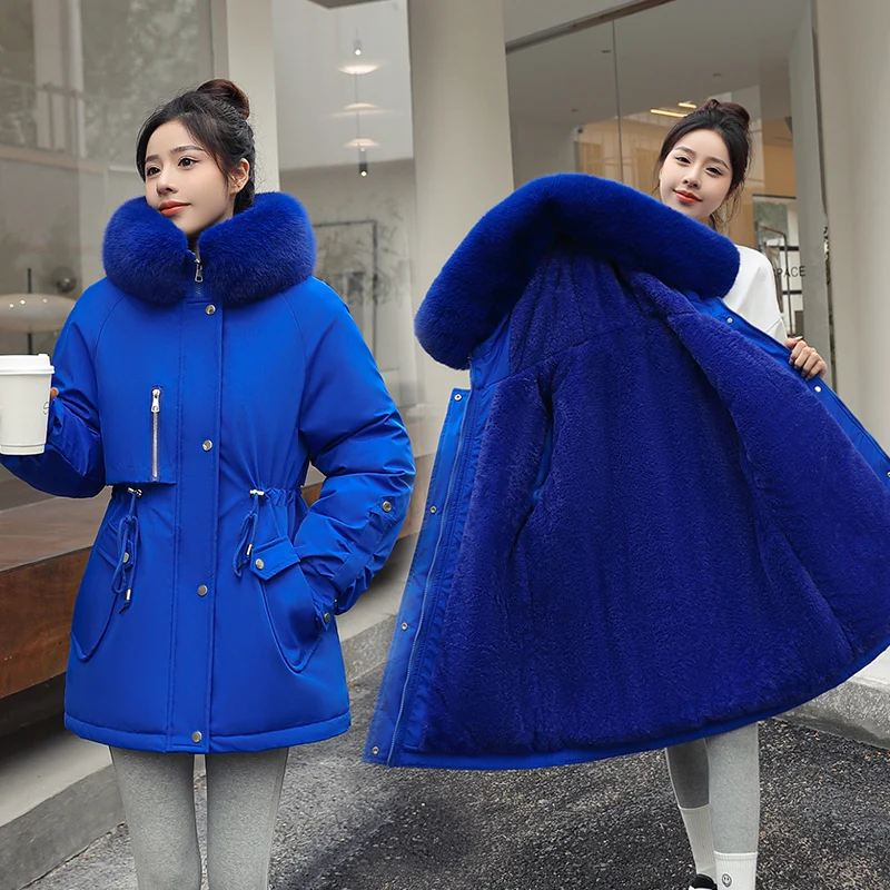 Wool Liner Jacket Women Winter 2022 New Korea Fashion Solid Thick Warm Snow Coat Hooded with Fur Collar Casual Female Parkas