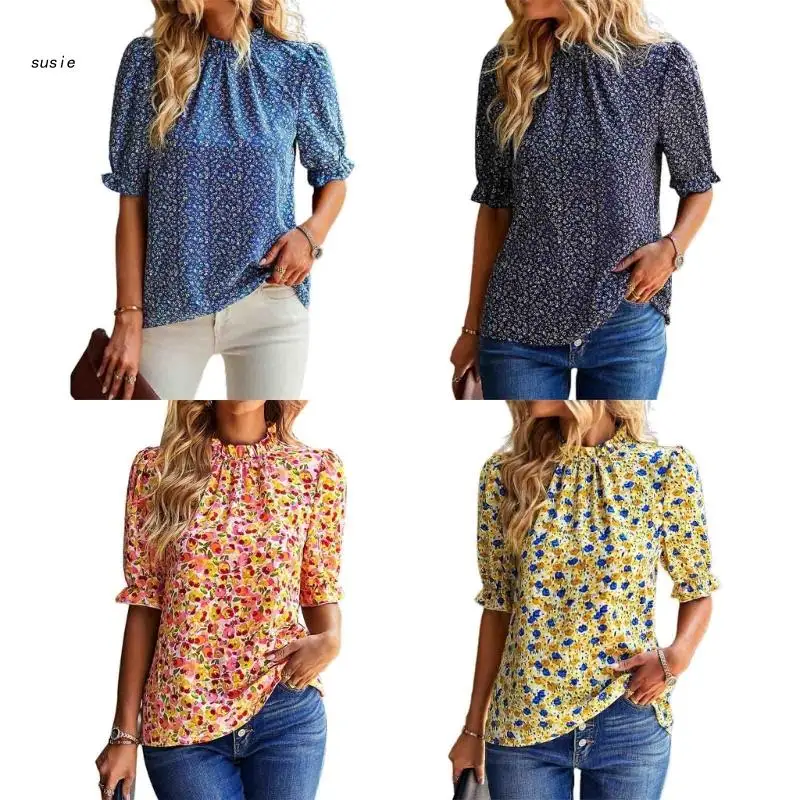 

X7YA Women Summer Puff Half Sleeve Frill Mock Neck Blouses Shirts Casual Loose Floral Print Keyhole Back Pullover Tunic Tops
