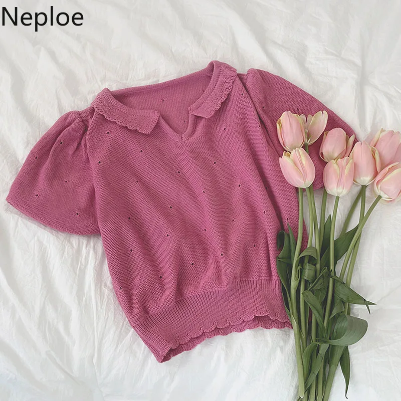 Модные женские футболки Neploe винтажный вязаный укороченный свитер топы корейские