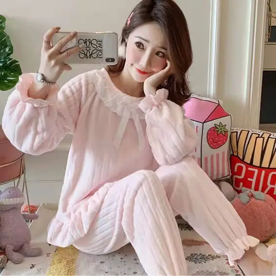 Coral Velvet Pajamas Women Autumn Winter Korean Style Sweet and Lovely Princess Style Home Clothes Flannel Thickening Suit