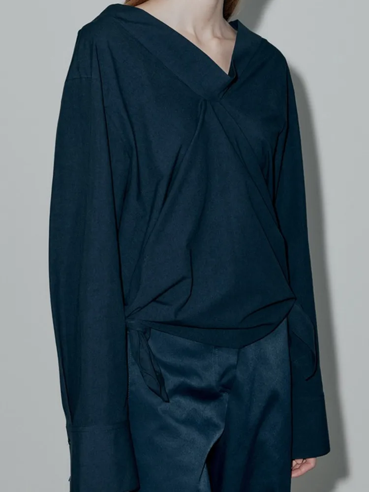 

Women Simple Cotton Shirt Irregular V-neck Loose Chemise Long Sleeve Female Casual Commuter Blouse
