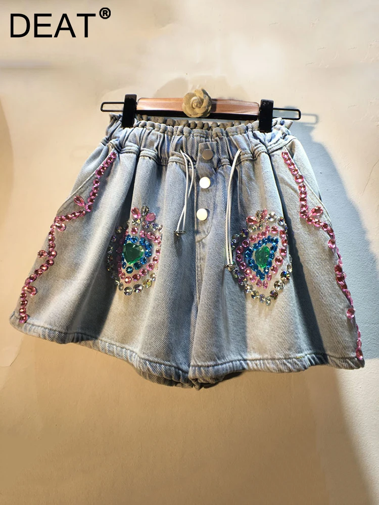 

DEAT Women Short Jeans Heart Rhinestone Beading Elastic Waist Drawstring Wide Leg Denim Shorts 2023 Autumn New Fashion 29L1480