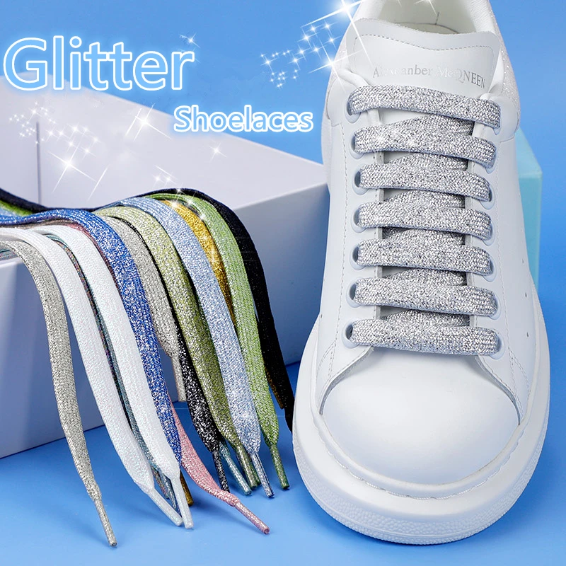 Colorful Shoelaces Glitter White Shoelaces of sneakers Metallic Shiny gold shoelace silver Flat shoe laces sports running Laces