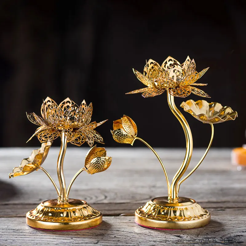 

Hollow Gold Leaf High-Legged Lotus Candlestick Alloy Gilding Butter Lamp Holder Buddha Worship Lampstand Buddha Front Lamp