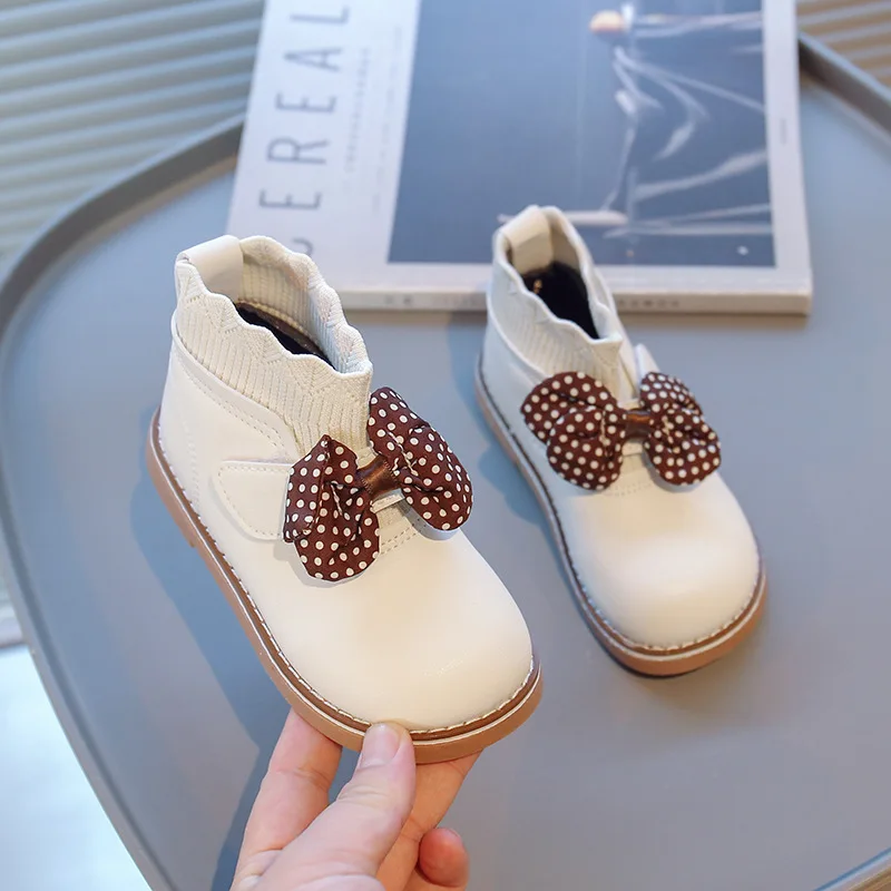 

New Autumn Girls Ankle Boots Children's Dot Cute Bow Short Boots Fashion Wild Black Leather Boots Kids Shoes H463